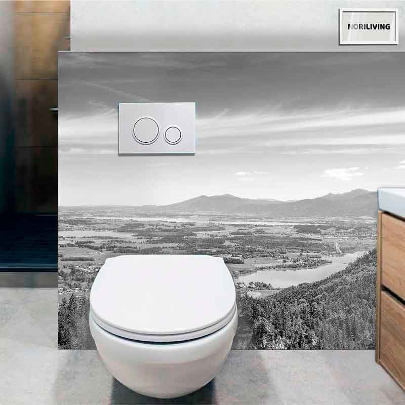 Toilette vor einer Wand mit Landschaftsmotiv im modernen Badezimmer