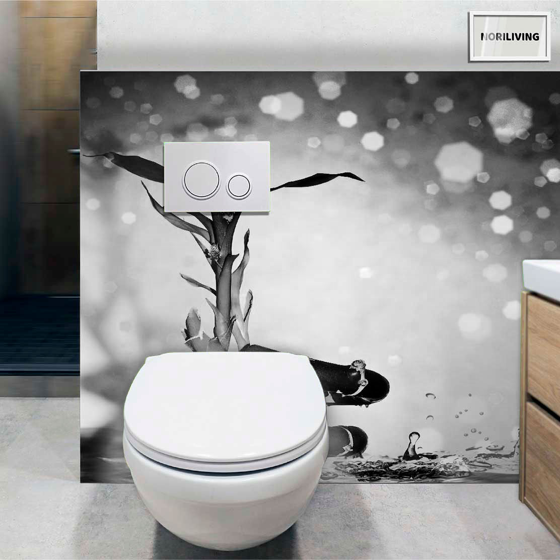 im WC eingebaute Toilettenrückwand mit Motiv Bambus mit Wassertropfen 486 schwarz-weiß