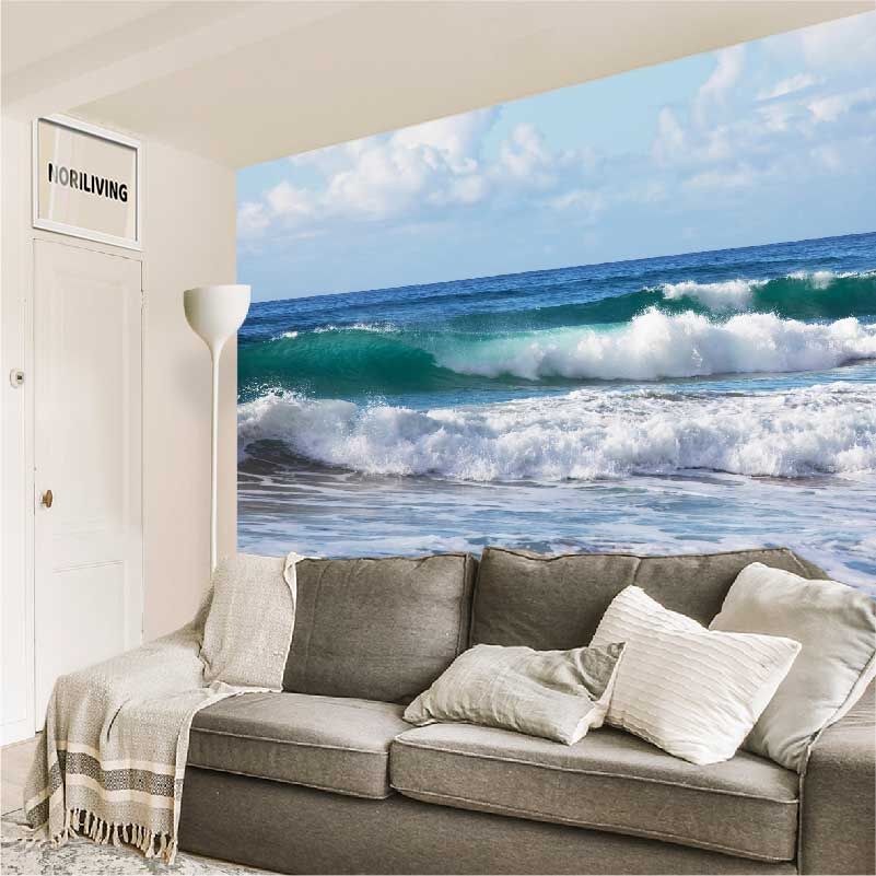 im Wohnzimmer eingebaute Wohnzimmerrückwand mit Motiv Ozeanwelle im türkisen Meer 543