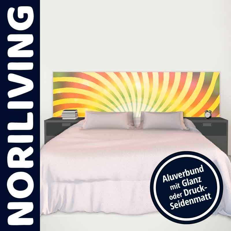 Bett mit Kopfteil im bunten Strahlendesign von Noriliving, Aluverbund mit Glanz oder Druck-Seidenmatt