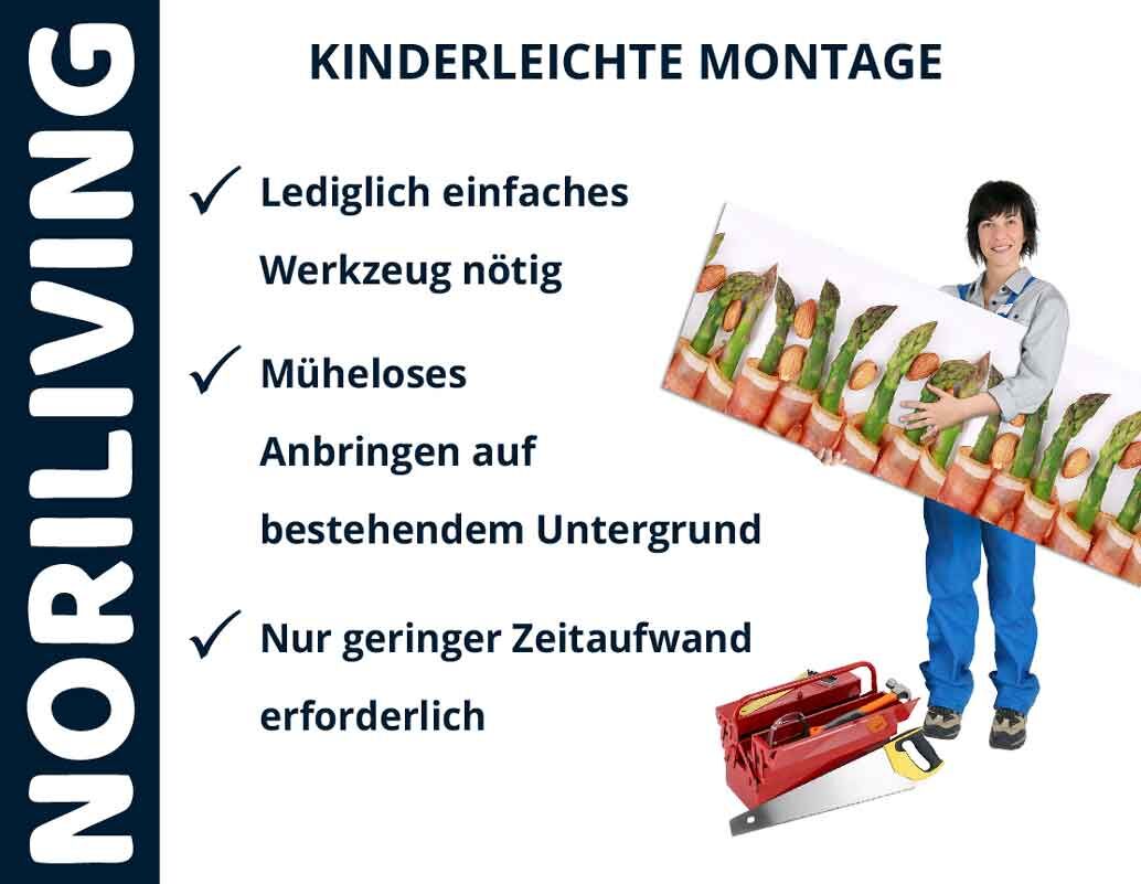 Frau mit großem Wandbild, Text zur leichten Montage, Werkzeug abgebildet