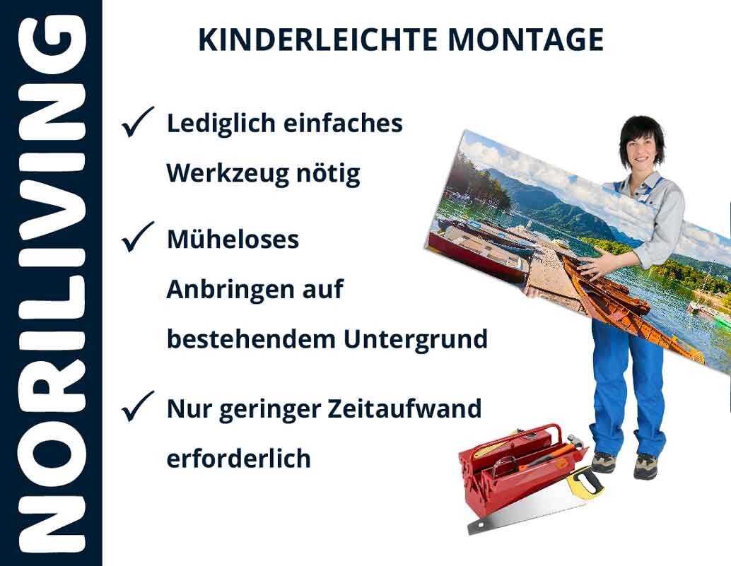 Frau hält ein großes Bild; einfache Montage mit minimalem Werkzeugeinsatz und Zeitaufwand, NORILIVING