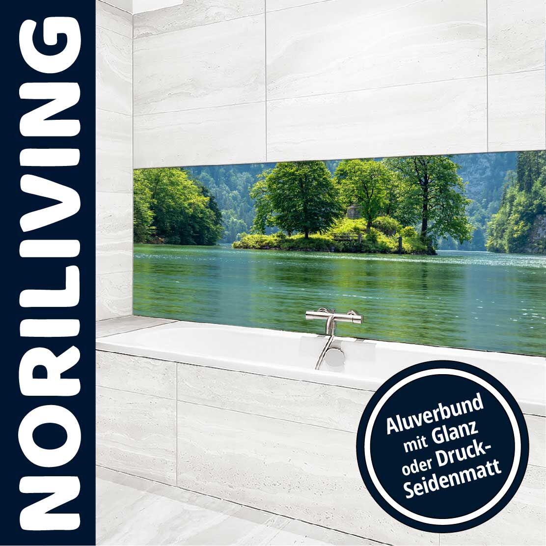 Elegante Badezimmer-Wand mit Aluverbund, Glanz oder Druck-Seidenmatt, und Seeblick.