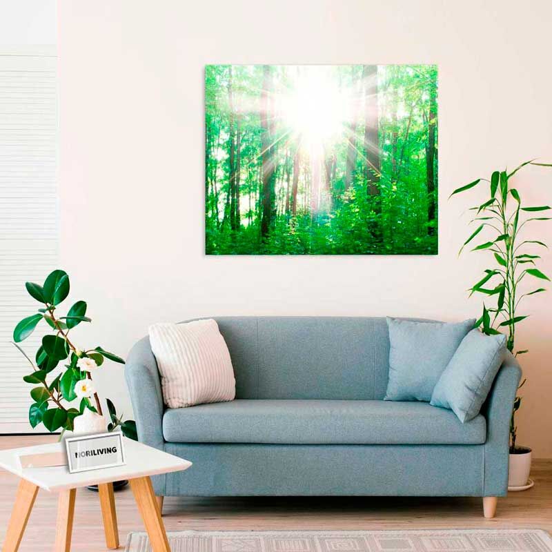 Schön eingerichtetes Wohnzimmer mit grauem Sofa, Naturbild an der Wand, Pflanzen und hellem Tisch.