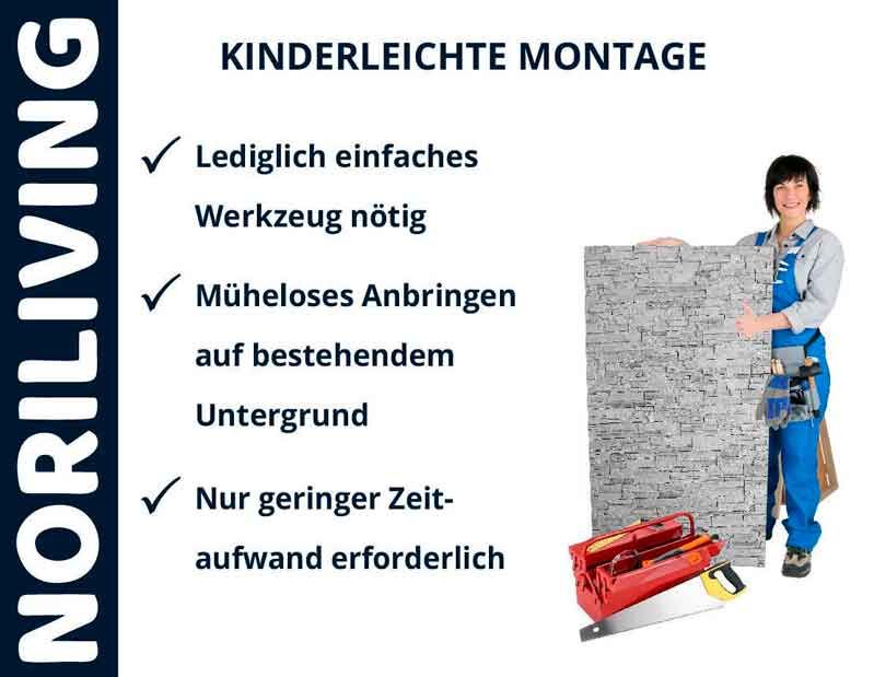 Person zeigt Wandpaneel und wirbt für kinderleichte Montage mit Noriliving Produkten, einfaches Werkzeug notwendig.