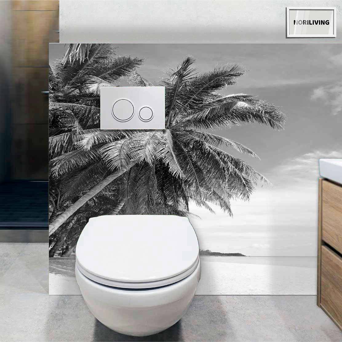 im WC eingebaute Toilettenrückwand mit Motiv Palme am Strand 196 schwarz-weiß