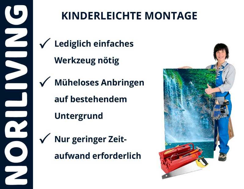 Eine Person mit einem Wandbild, daneben Montagevorteile wie einfaches Werkzeug und geringem Zeitaufwand