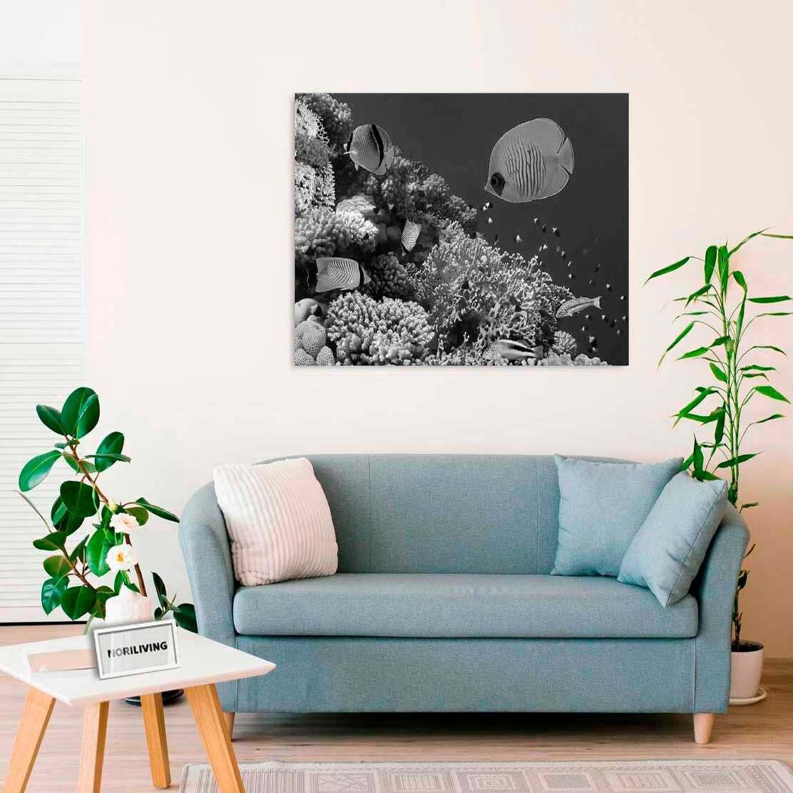 Wandbild über dem Sofa mit Motiv Fische im Meer 837 schwarz-weiß