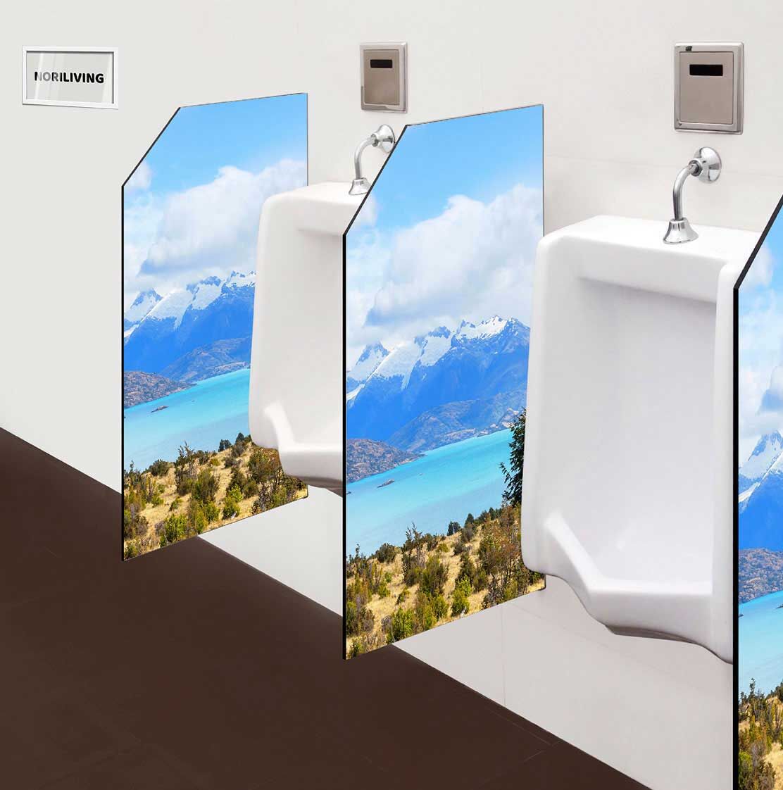 in der Toilette eingebaute Schamwand mit Motiv Berglandschaft mit Gebirgssee in Patagonien 046