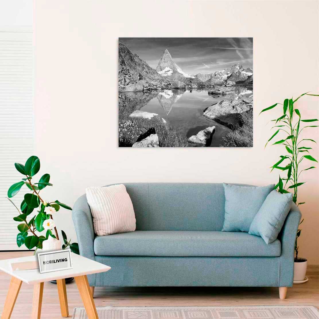 Wandbild über dem Sofa mit Motiv Berge und See in der Schweiz 520 schwarz-weiß