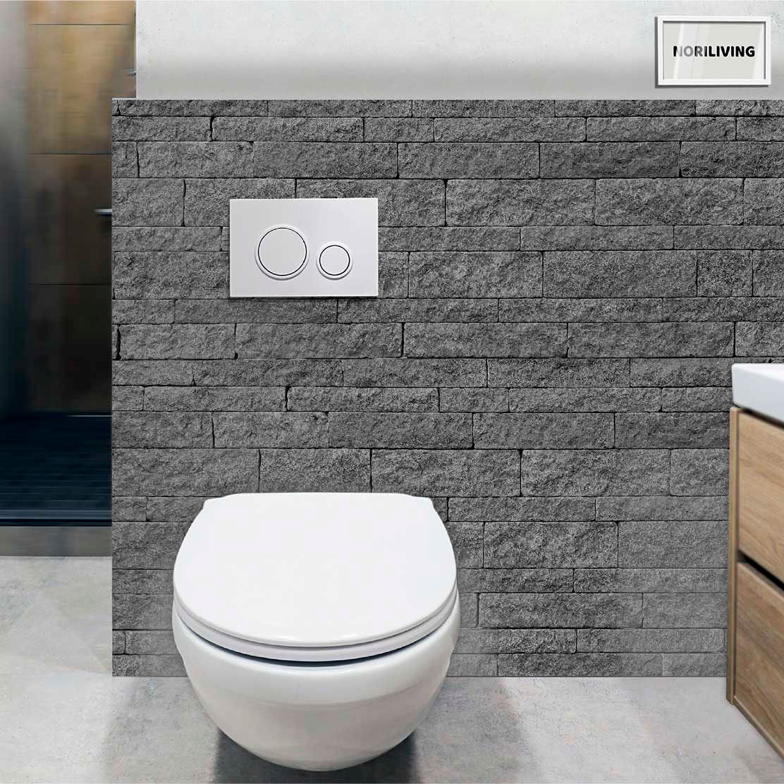 im WC eingebaute Toilettenrückwand mit Motiv Steinwand mittelgrau 430b schwarz-weiß
