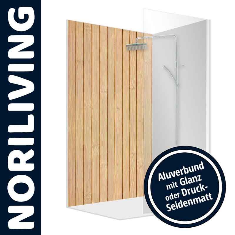 Duschrückwand von NORILIVING in Holzoptik mit Aluverbund für Badezimmer