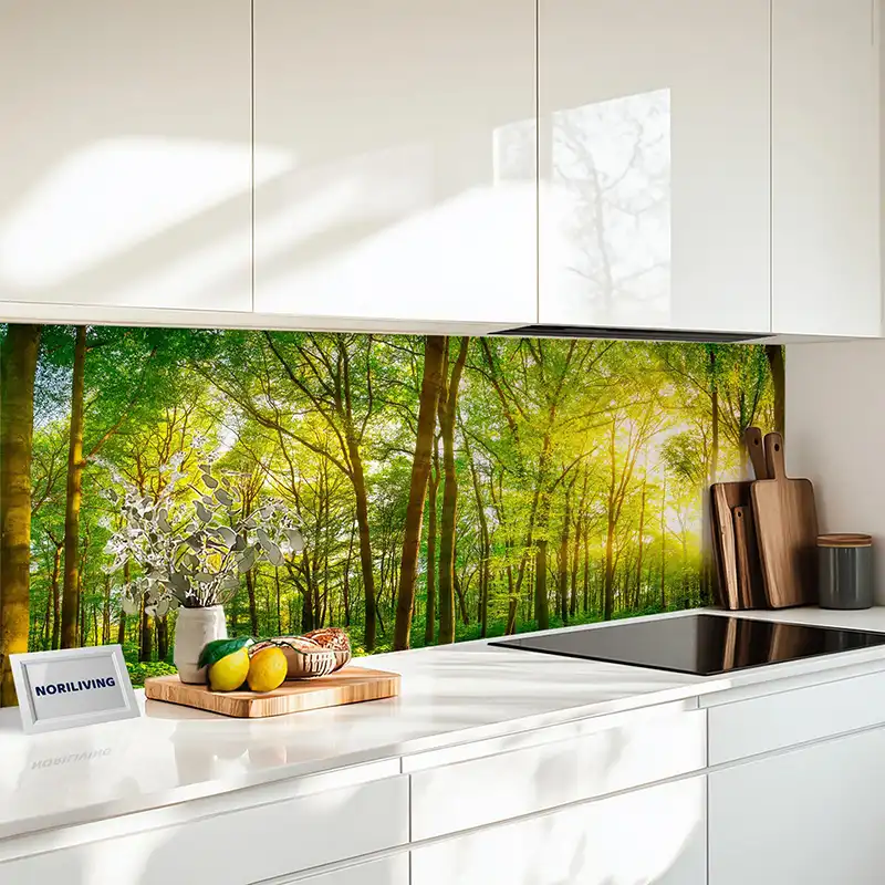 Küchenrückwand Alu Wald mit Sonnenschein 123
