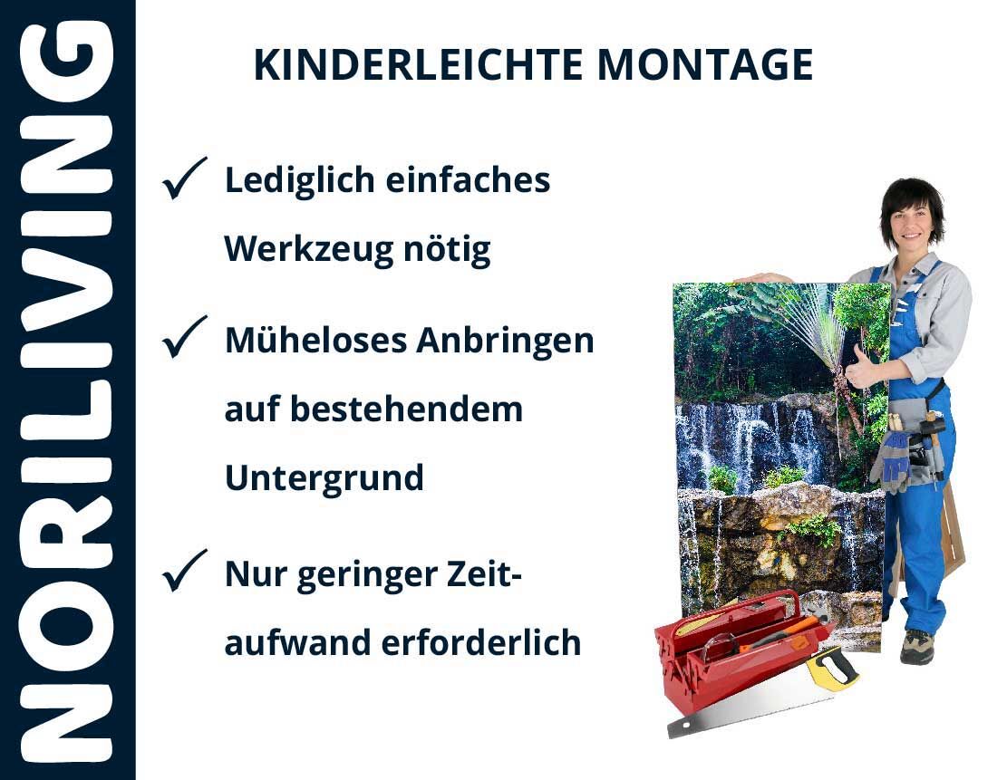Frau präsentiert Noriliving-Produkt mit einfacher Montage, geringem Zeitaufwand und minimalem Werkzeugbedarf.