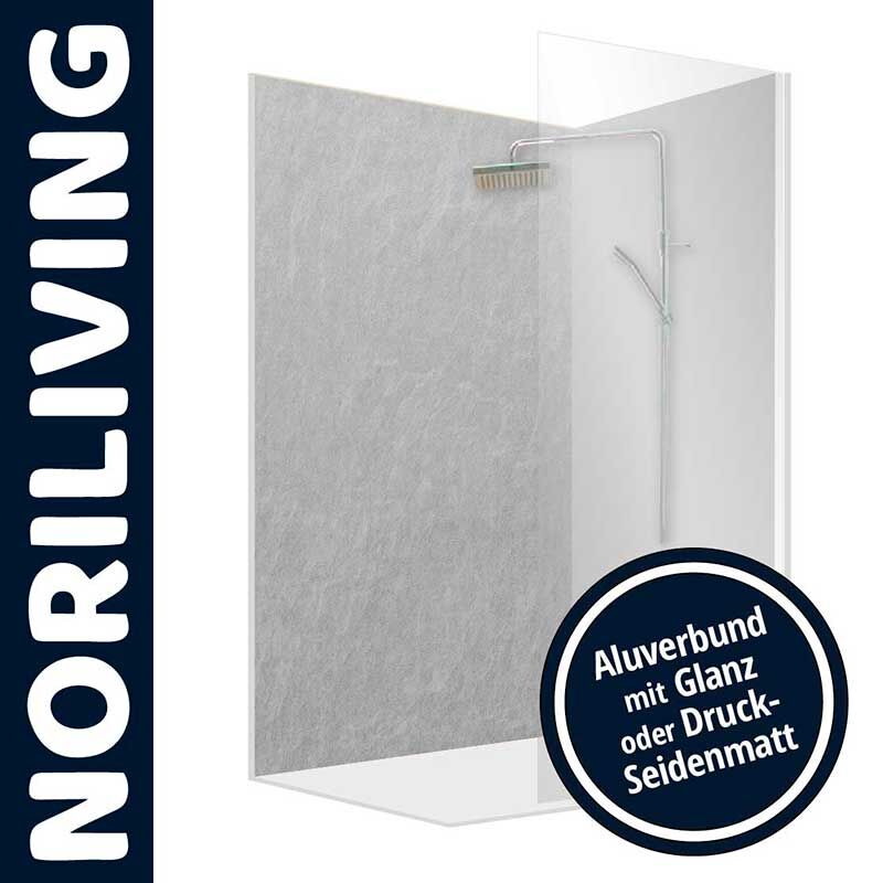 Duschwand aus Aluverbund von Noriliving, erhältlich in Glanz oder Druck-Seidenmatt, mit grauer Oberfläche und stilvollem Design