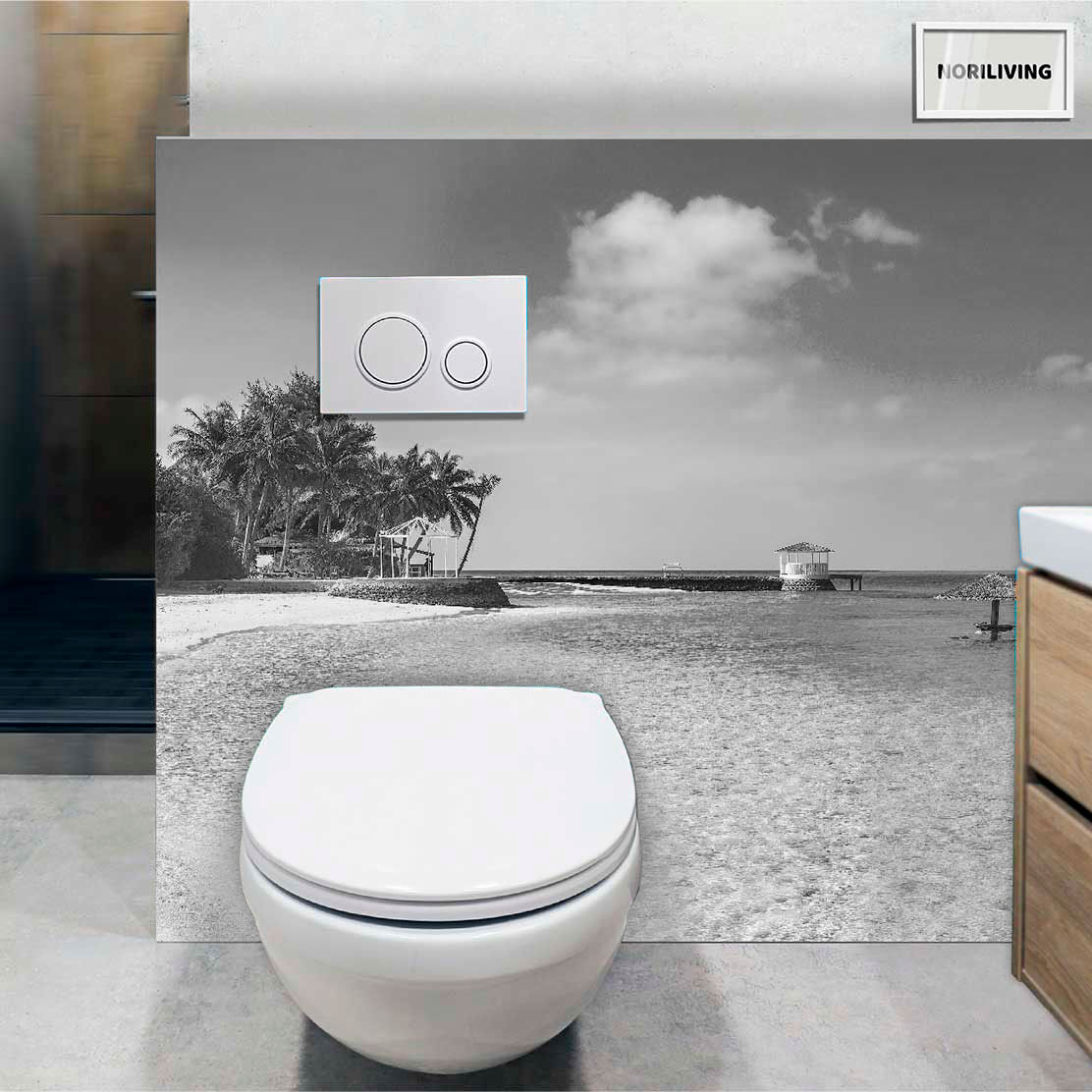 im WC eingebaute Toilettenrückwand mit Motiv Palmen am Sandstrand Mauritius 583 schwarz-weiß