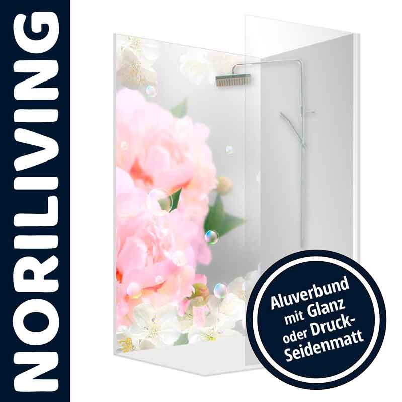 Duschabtrennung von NORILIVING mit Blumenmotiv und Aluverbund in Glanz oder Seidenmatt