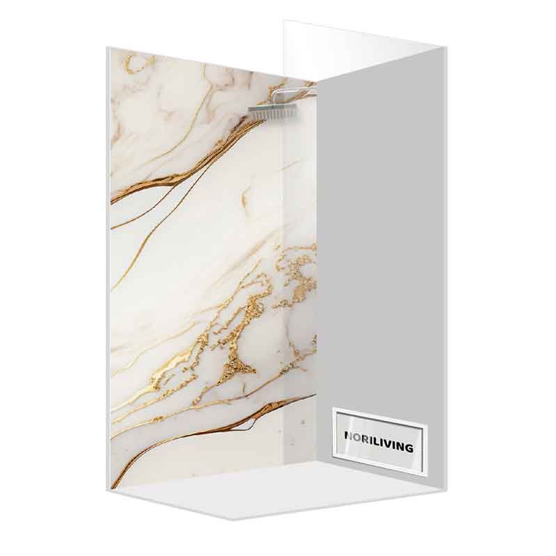 Elegante Duschkabine mit Marmoroptik und goldenen Adern für ein luxuriöses Badezimmerdesign