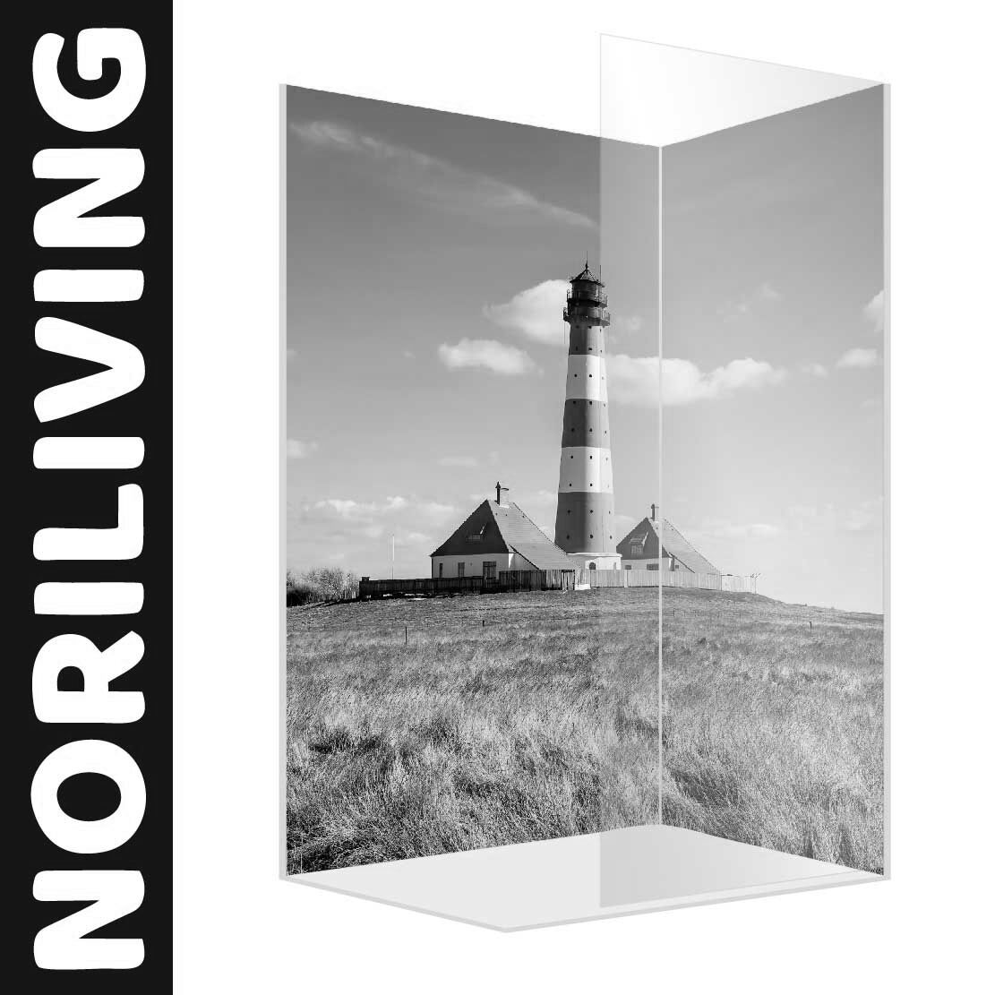 Abbildung einer Eck-Duschrückwand mit Motiv Westerhever Leuchtturm - St. Peter-Ording 553 schwarz-weiß