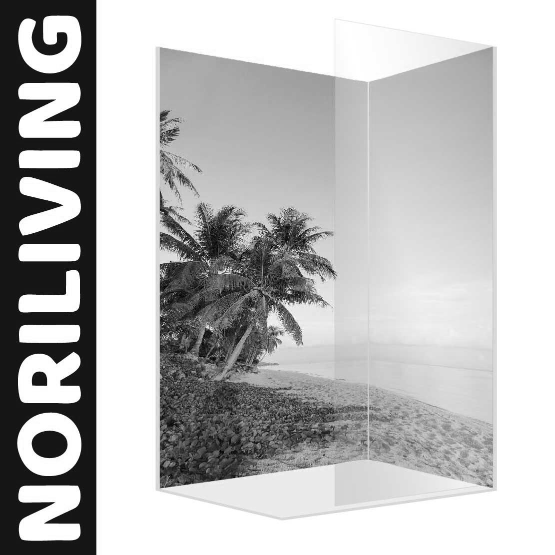 Abbildung einer Eck-Duschrückwand mit Motiv Palme am tropischen Strand 601 schwarz-weiß