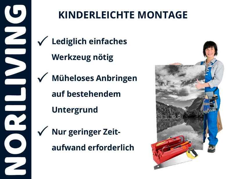 Werbung für Noriliving mit Hinweisen auf einfache Montage, minimalem Zeitaufwand und wenigen benötigten Werkzeugen, präsentiert von einer Person.