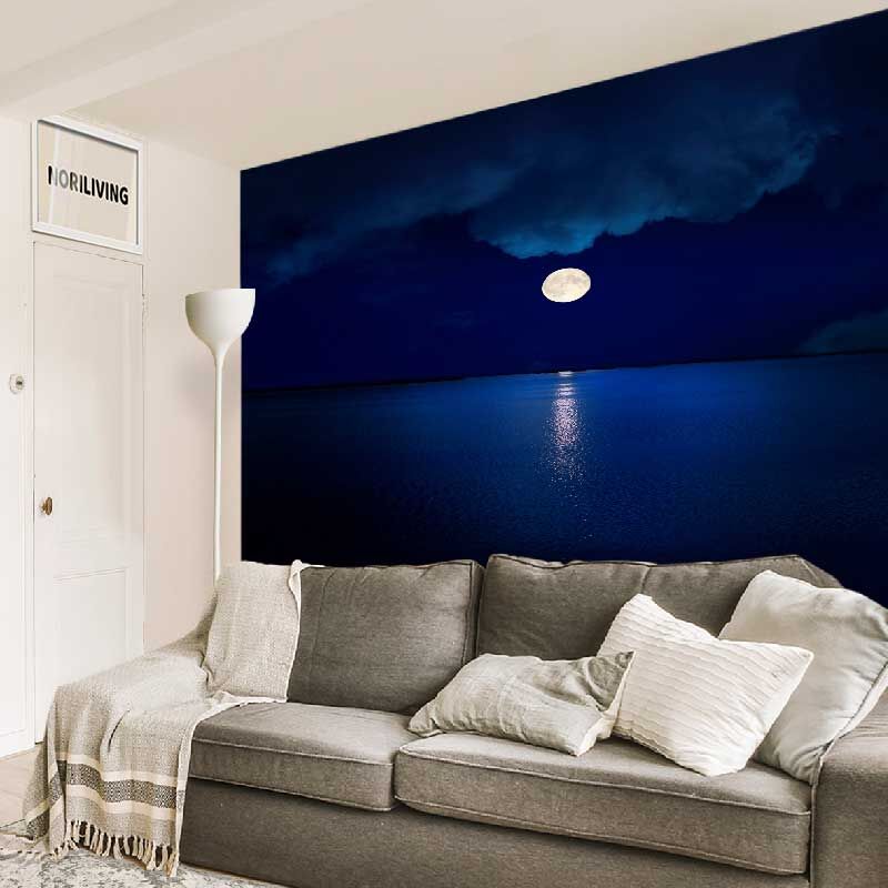 im Wohnzimmer eingebaute Wohnzimmerrückwand mit Motiv Vollmond in Wolken über dem Wasser 755