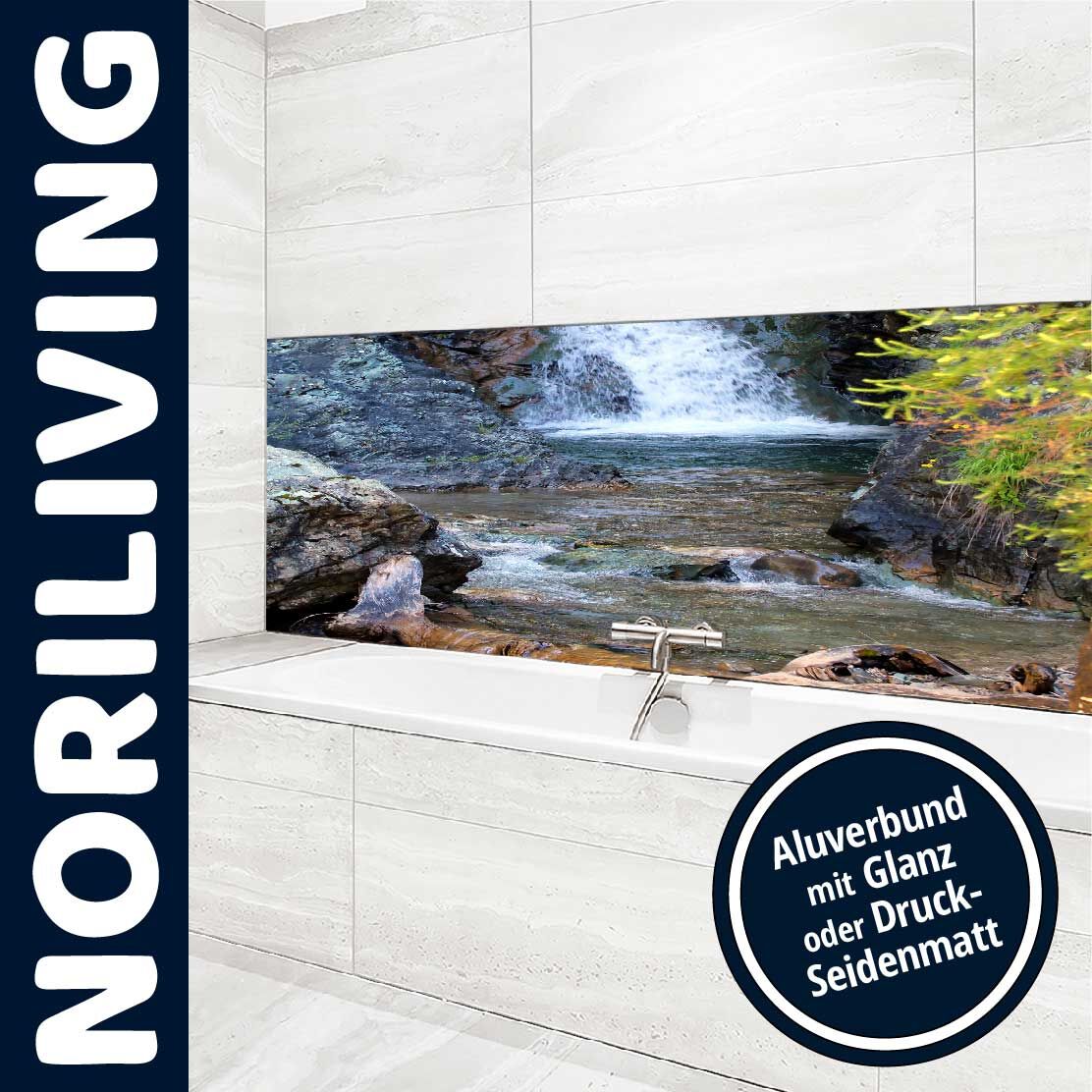 Ansicht des Badrückwand-Motivs Wasserfall in den italienischen Dolomiten 744 Unterkante