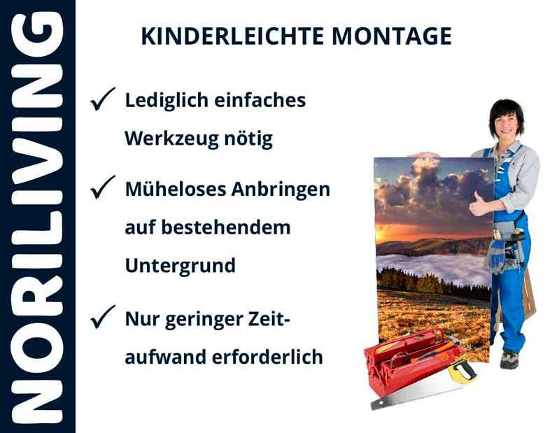 Frau mit Werkzeug präsentiert kinderleichte Montage, benötigt nur einfaches Werkzeug und geringen Zeitaufwand.