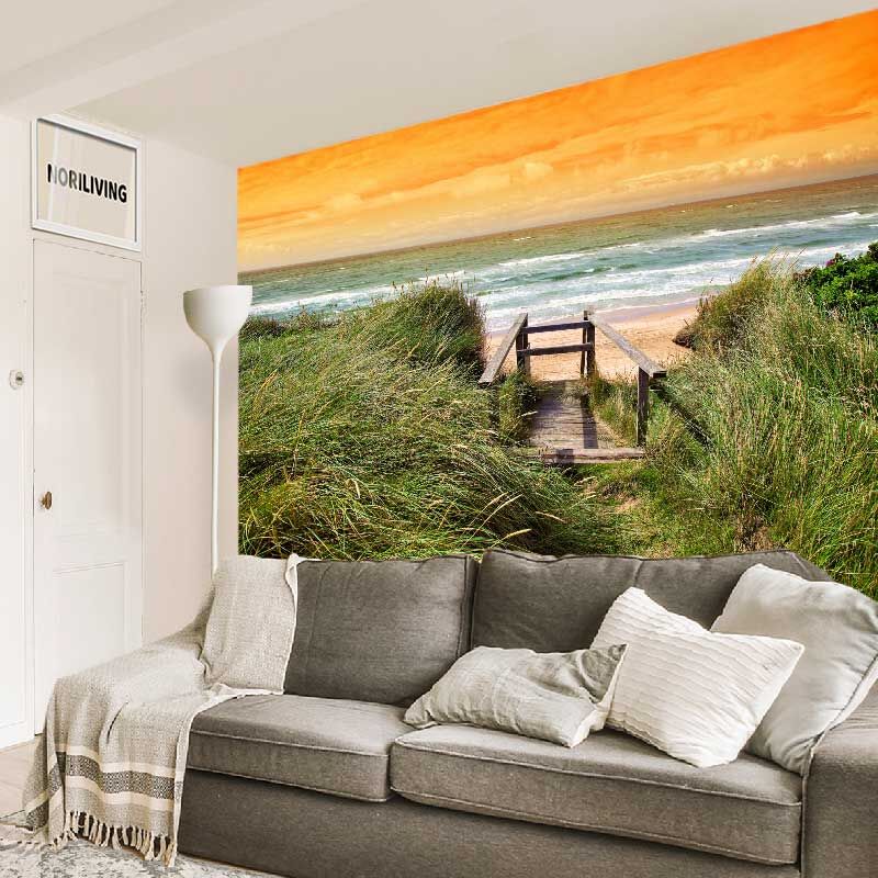 im Wohnzimmer eingebaute Wohnzimmerrückwand mit Motiv Steg an Düne bei Abendrot 188