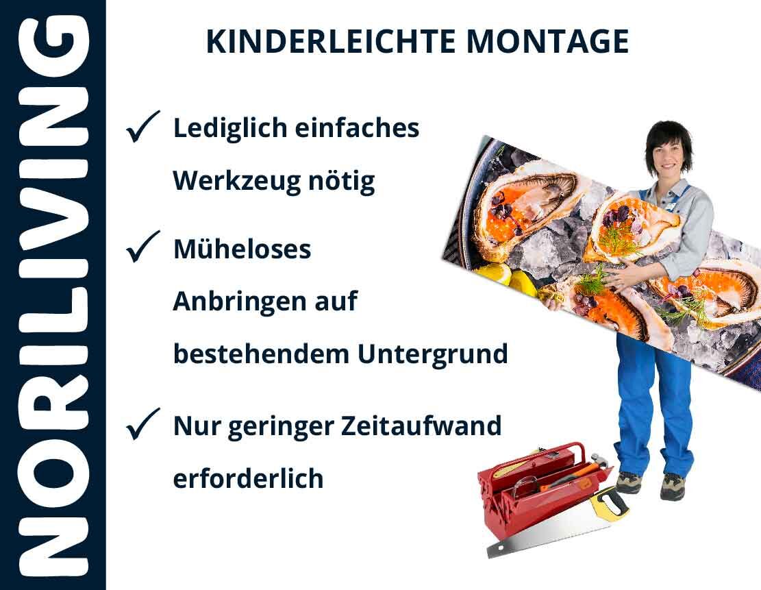 Werbung für NORILIVING mit einer Frau, die ein großes Bild hält. Text weist auf kinderleichte Montage, einfaches Werkzeug und geringen Zeitaufwand hin.