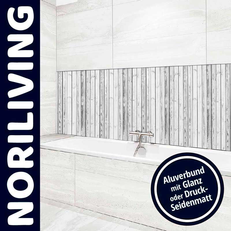 Badezimmer mit stilvollen NORILIVING-Fliesen, Aluverbund in Glanz oder Druck-Seidenmatt