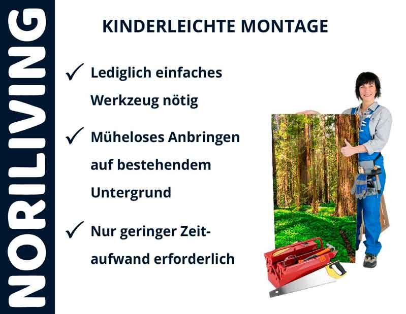 Frau mit Werkzeug und Bild unterstreicht kinderleichte Montage mit Noriliving-Produkten
