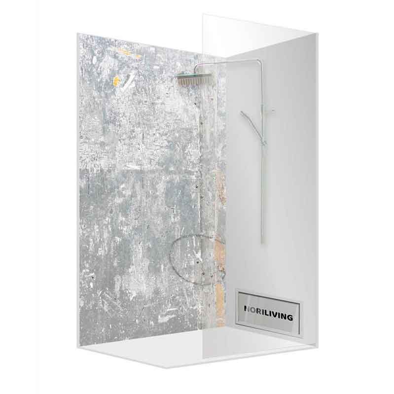 Stilvolle Duschkabine mit Glas und grauer Betonoptik, modernes skandinavisches Badezimmerdesign