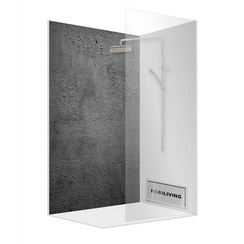 Glas-Duschkabine mit dunkelgrauer Betonoptik-Wand und minimalistischer Dusche
