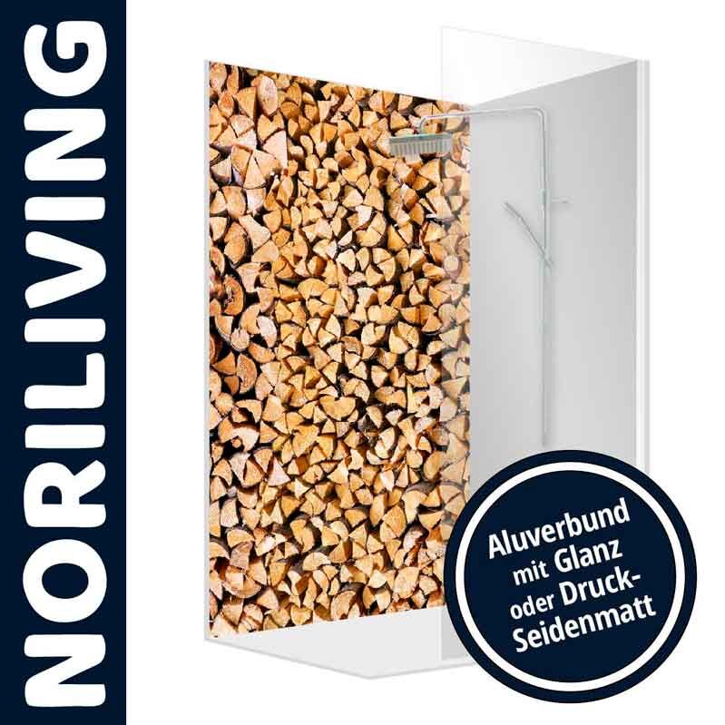 Spritzschutz von NORILIVING mit realistischem Holzdesign und Aluverbundoptionen für Glanz oder Matt.