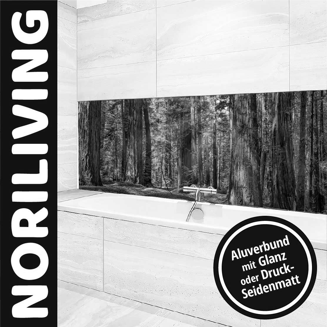 Modernes Badezimmer mit Aluverbund-Wandverkleidung, die einen Wald darstellt, erhältlich in Glanz oder Druck-Seidenmatt