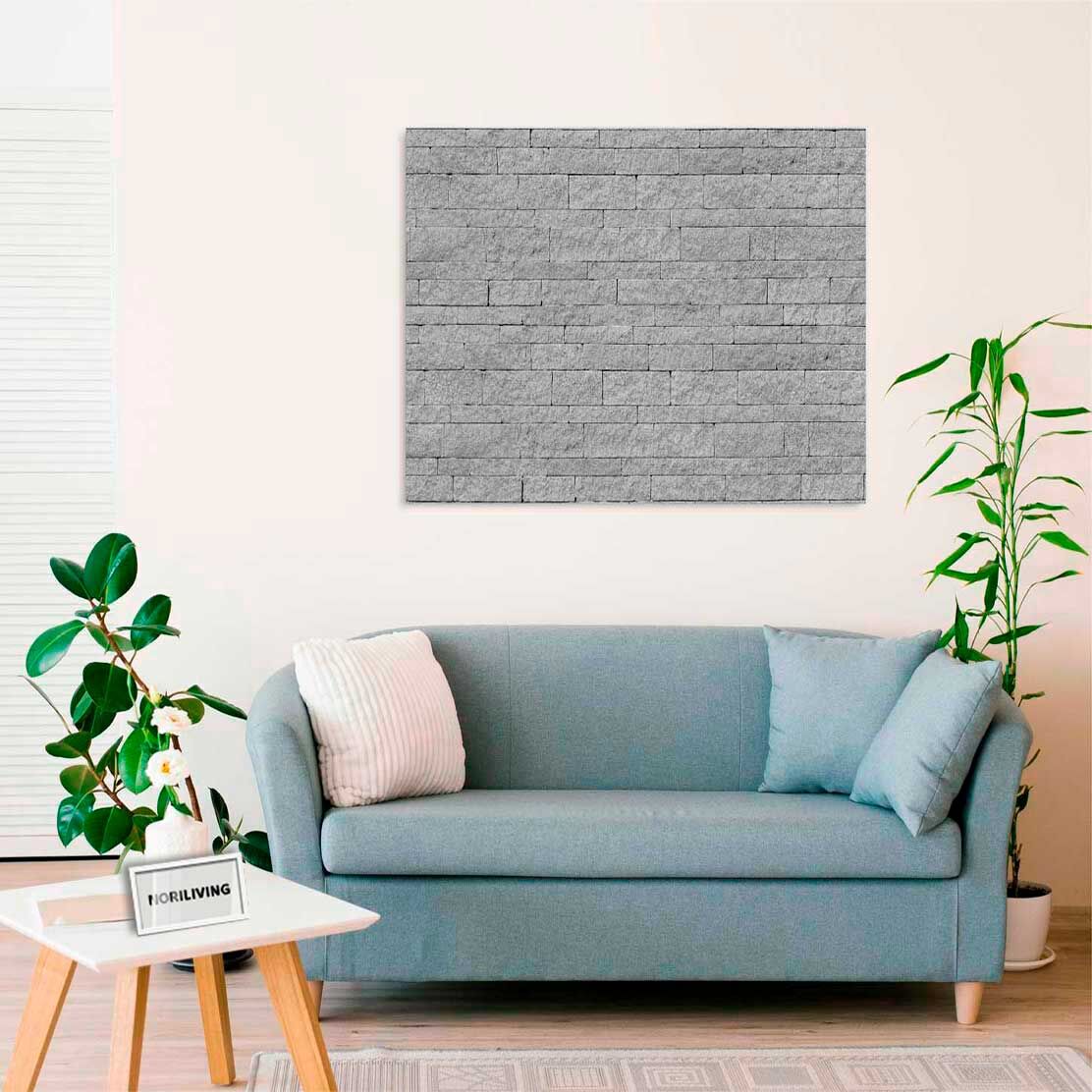 Wandbild über dem Sofa mit Motiv Steinwand hellgrau 430a schwarz-weiß