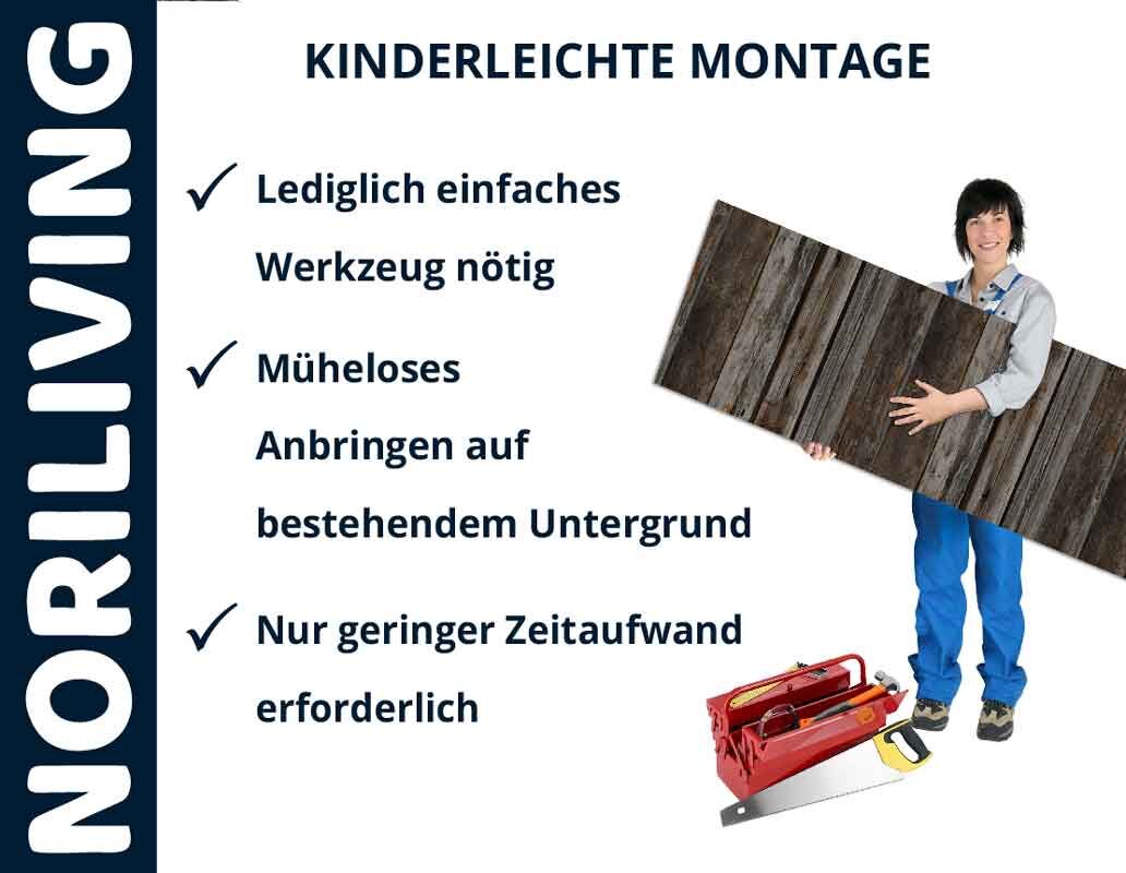 Person präsentiert NORILIVING-Verkleidung, leichte Montage, nur einfaches Werkzeug erforderlich, schneller Aufbau