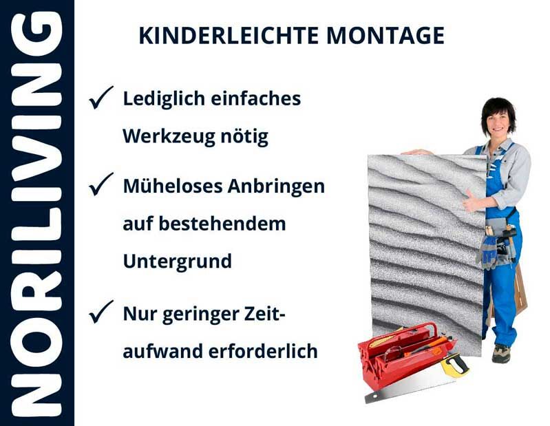 Person mit Werkzeugen zeigt Noriliving Produkt für einfache Montage ohne großen Aufwand