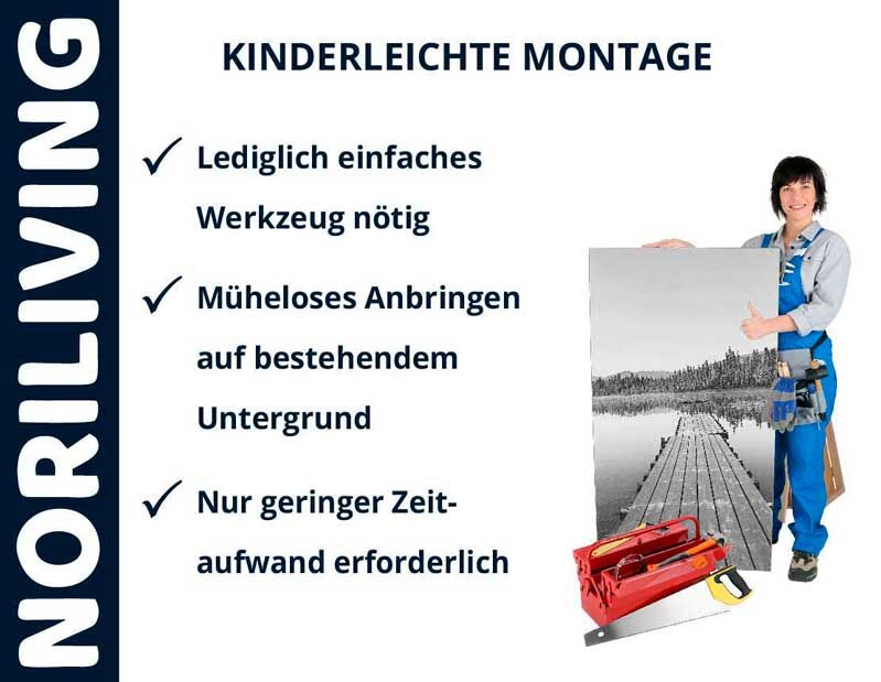 Frau mit Werkzeugkasten zeigt Poster; Text: kinderleichte Montage, einfaches Werkzeug erforderlich, müheloses Anbringen, geringer Zeitaufwand