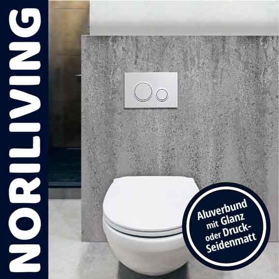 Elegantes Badezimmer mit WC und Aluverbund-Wand von NORILIVING in Glanz oder Druck-Seidenmatt Optik