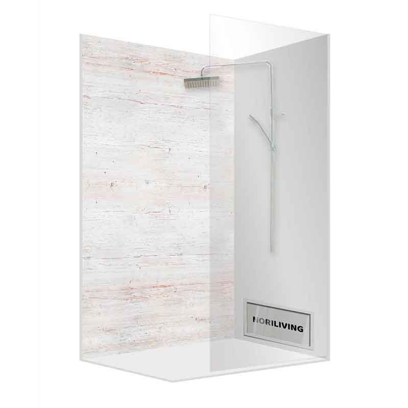 Elegante Duschkabine mit Glaswand und Holzdesign
