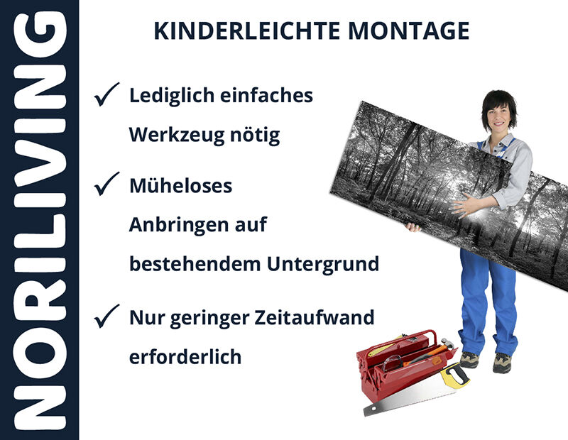 Montageanleitung von Noriliving: Bild einer Person, die ein Kunstwerk hält, mit Werkzeugkasten und Montagehinweisen