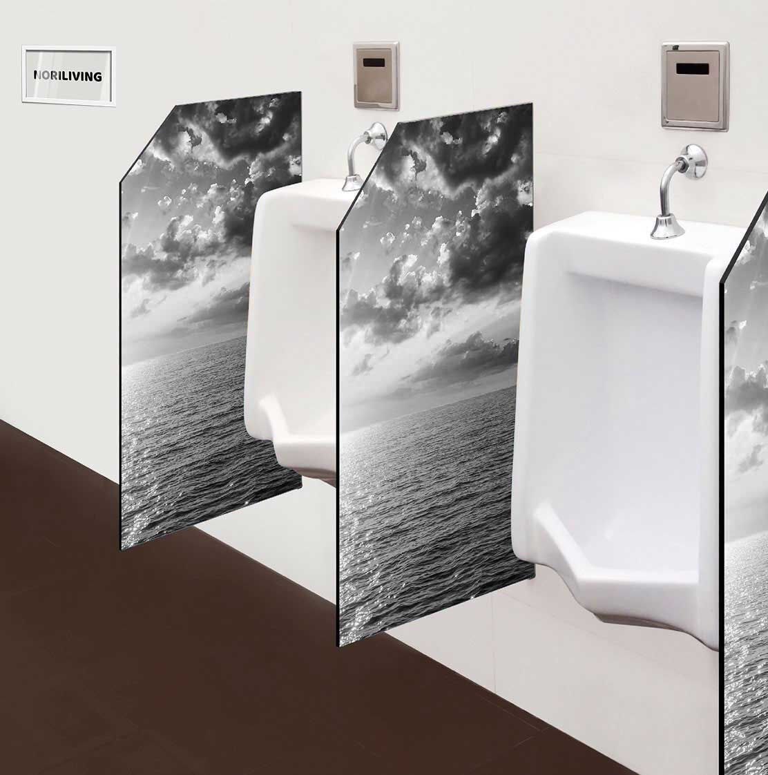 in der Toilette eingebaute Schamwand mit Motiv Sonnenuntergang in Wolken über dem Meer 362 schwarz-weiß