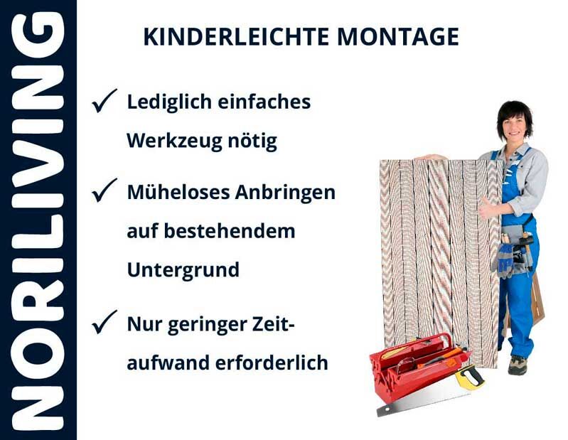 Person mit Werkzeug zeigt einfache Montage von Noriliving Produkten