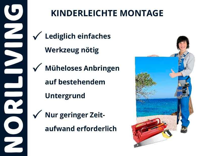 Noriliving-Anleitung zur kinderleichten Montage mit nur einfachem Werkzeug, schneller Anbringung auf bestehendem Untergrund und geringem Zeitaufwand.