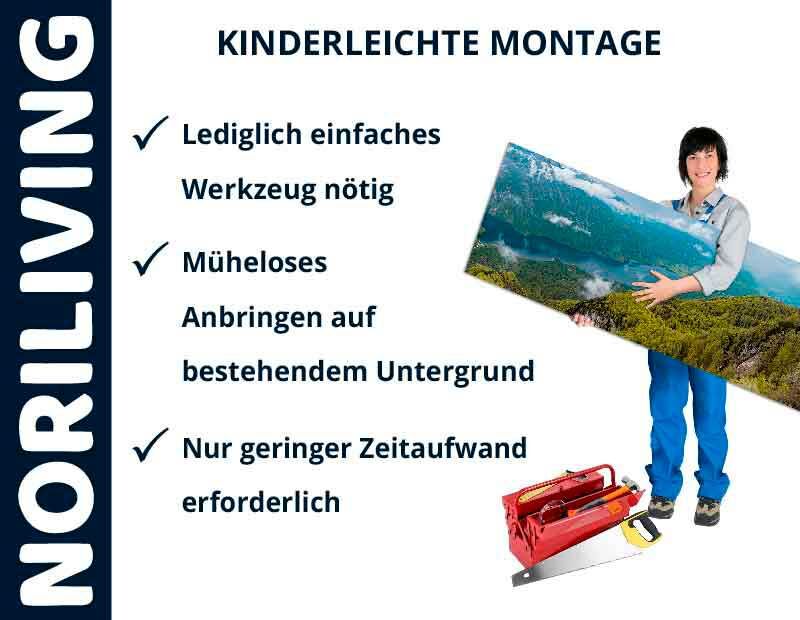 Illustration von NORILIVING mit Anleitung zur einfachen Montage: Verwendung einfacher Werkzeuge, müheloses Anbringen und geringer Zeitaufwand.