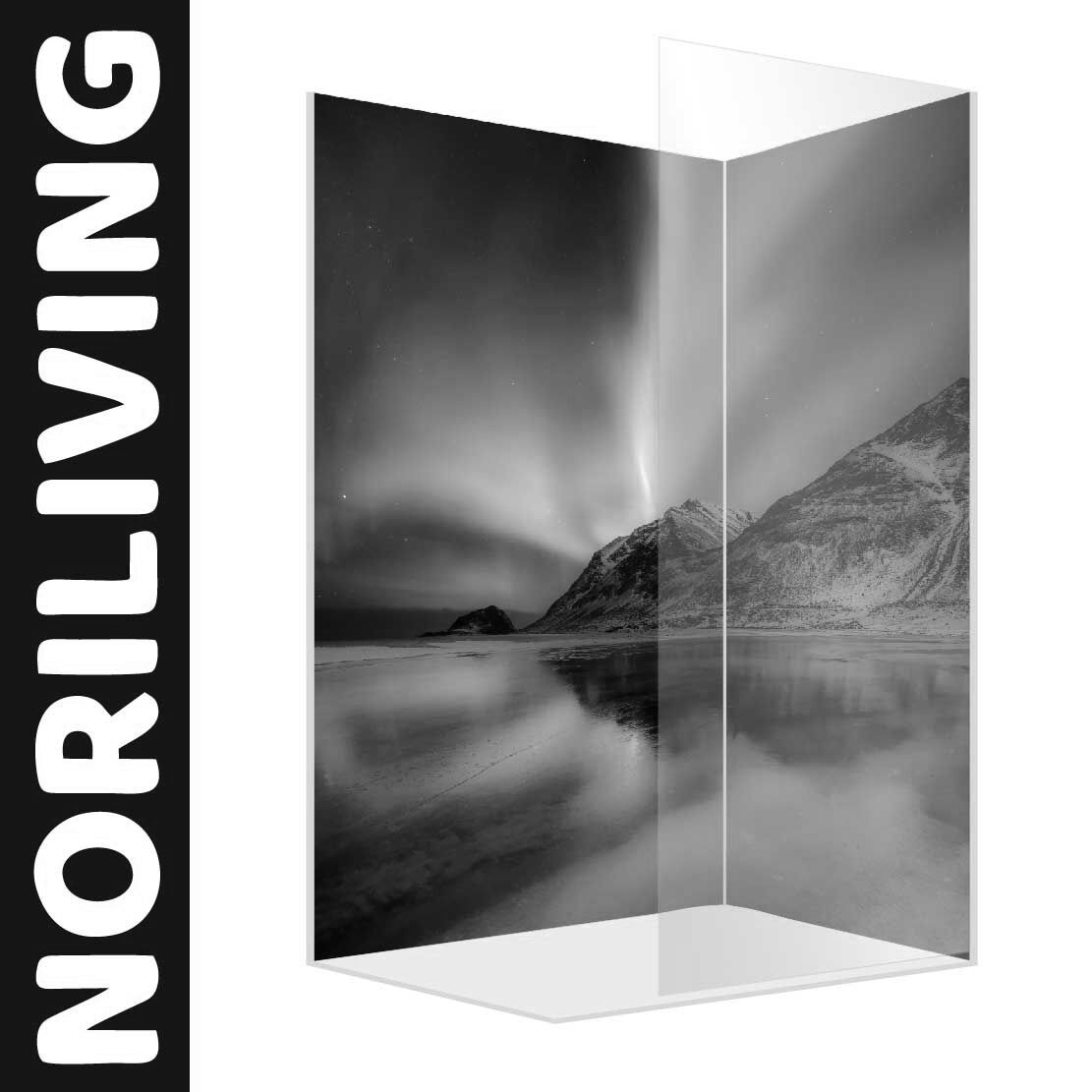 Abbildung einer Eck-Duschrückwand mit Motiv Nordlicht in Norwegen 559 schwarz-weiß