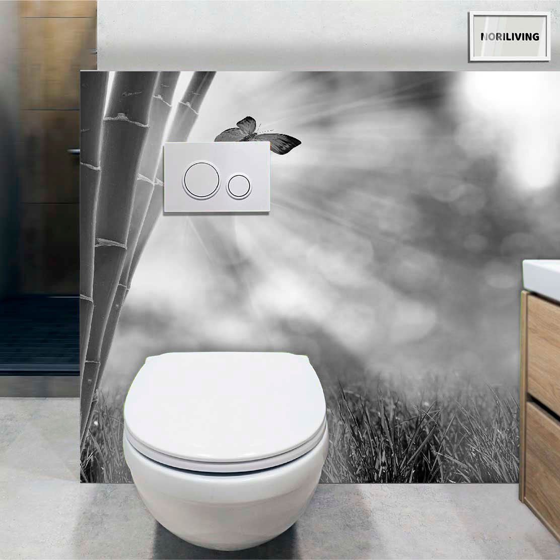 im WC eingebaute Toilettenrückwand mit Motiv Wiese mit Bambus und Schmetterling 461 schwarz-weiß