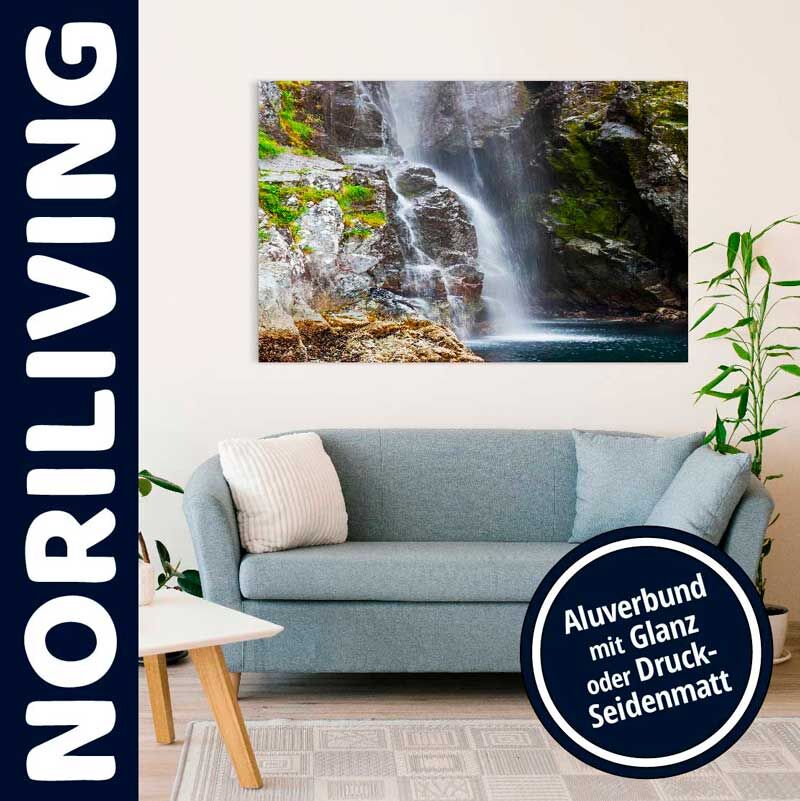 Blaues Sofa im Wohnzimmer mit an der Wand hängendem Alubild eines Wasserfalls, Marke Noriliving, inklusive Pflanzen und Holztisch